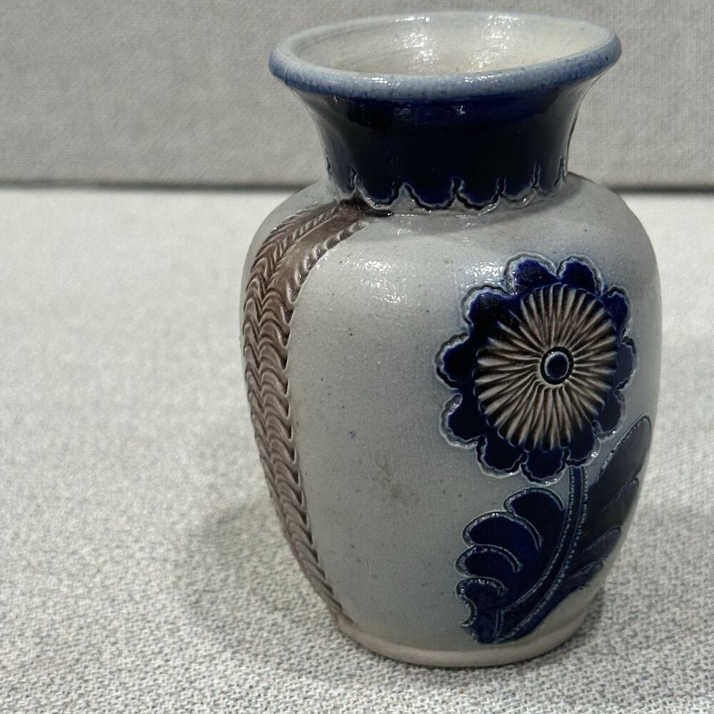 VTG German Cobalt Blue Salt Glaze Folk Cottagecore‎ Pottery Floral Vase Numbered - Picture 6 of 6